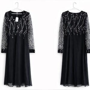 NWT Black Evening Dress Silver Sequin Beaded Sheer Sleeves Formal